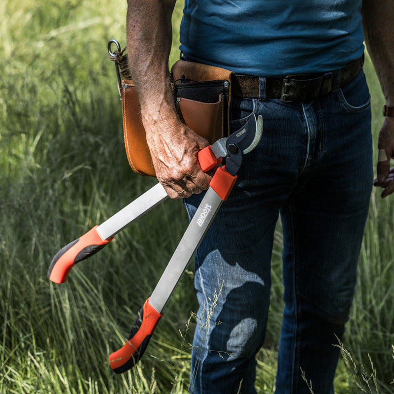 Gebogen snoeizaag in de hand van een tuinier